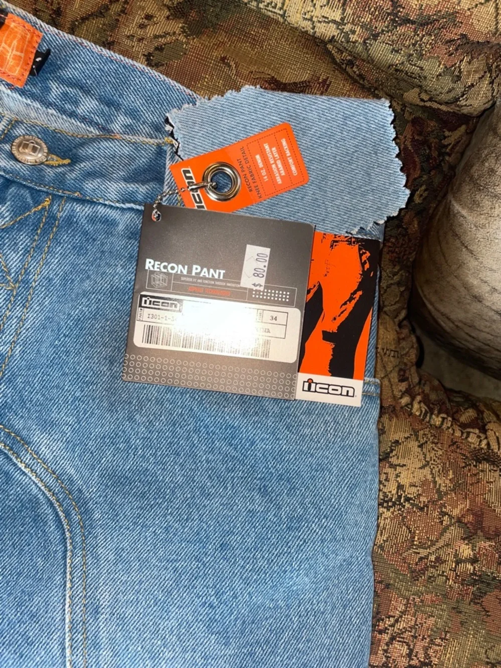 ICON Men's Light Blue Jeans with Black Reinforced Panels for riding - Picture 3 of 9